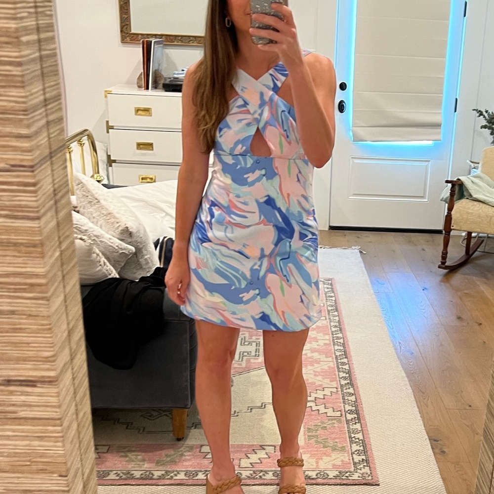 Pink and blue retro water color cross over halter top dress